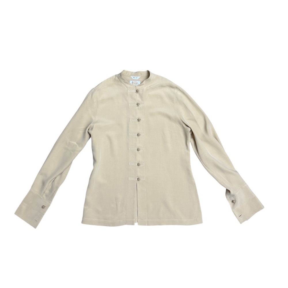 Talbots Vintage Pure Silk Mandarin Collar Frog Button Blouse Tan Beige 10 preppy